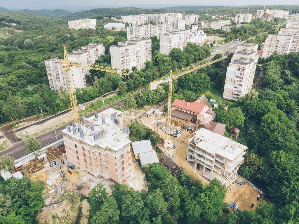 aerial view of construction site. high-rise building development. city view