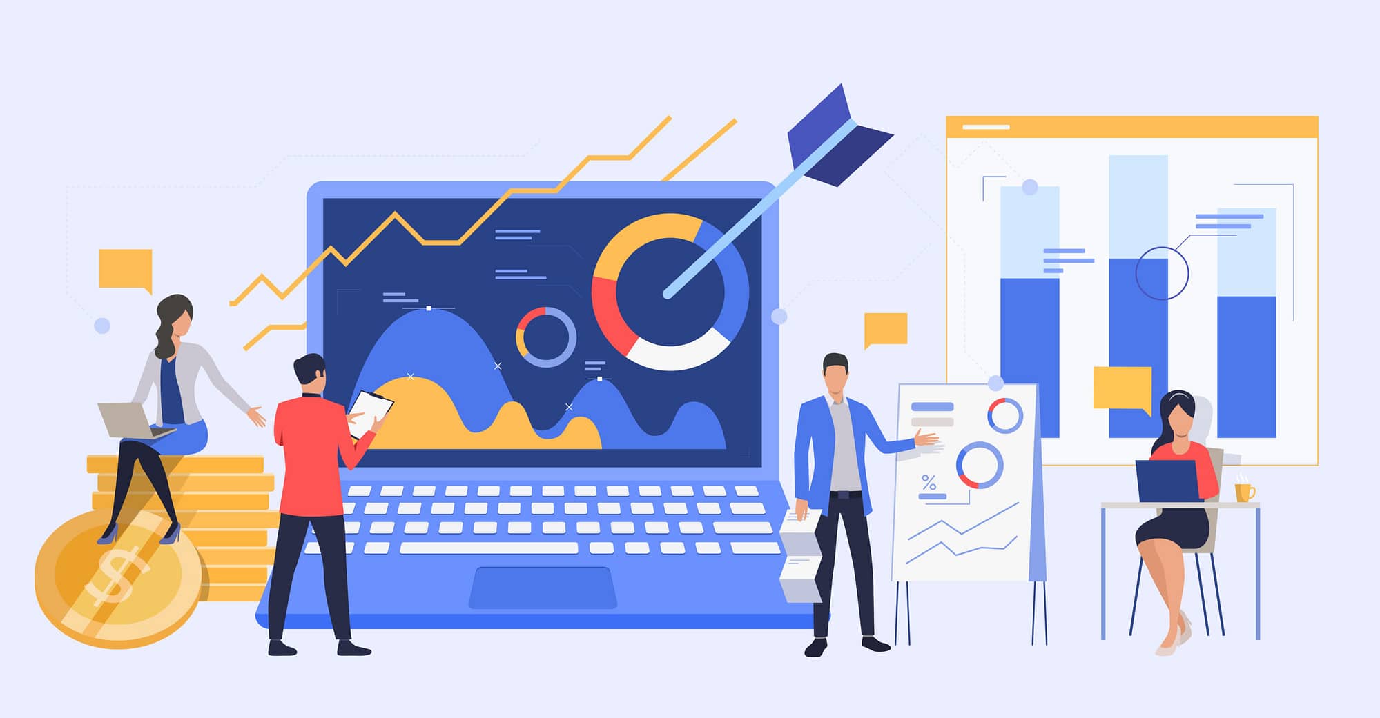 Business people analyzing marketing reports. Managers presenting diagrams vector illustration. Business and analysis concept for banner, website design or landing web page